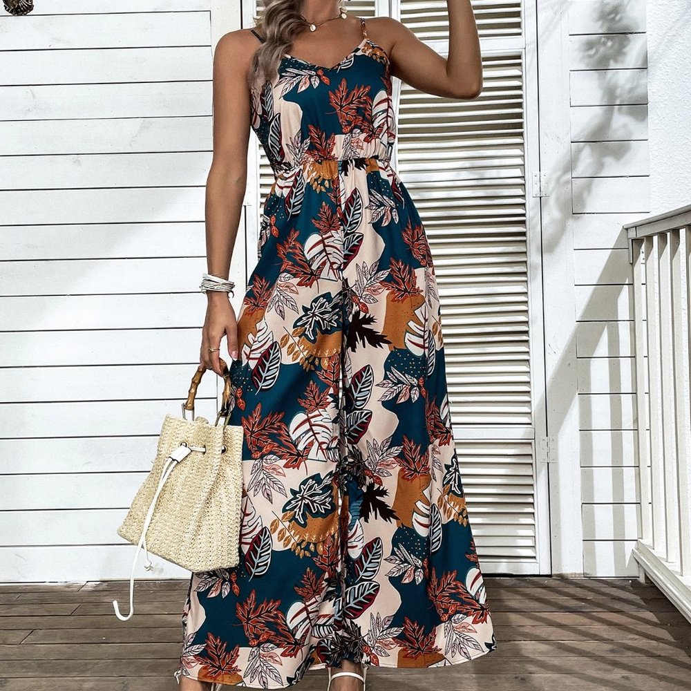 New Tropical Print Shirred Wide Leg Cami Jumpsuit Handmade - Picture 2 of 6